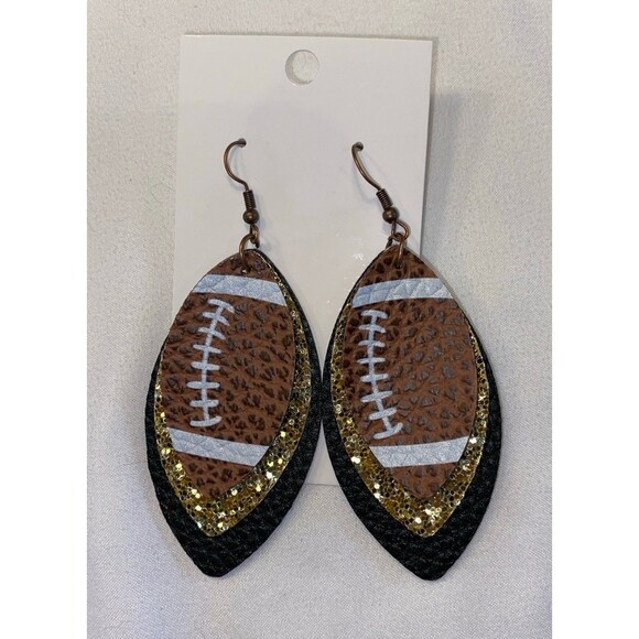 Earrings Football Game Glitter Dangle Drop Gold & Black Lightweight College Game - Picture 2 of 7